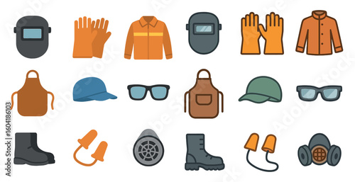 Safety and protection icons set – flat, filled, personal gear and equipment symbols