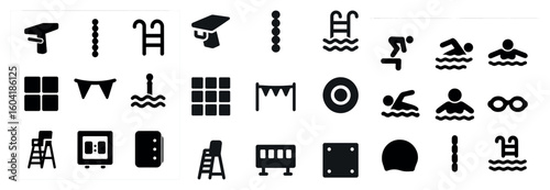 Swimming and diving solid icons set – aquatic, pool, sport symbols