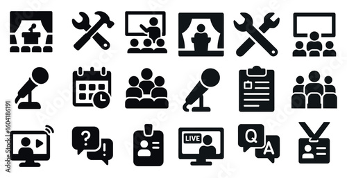 Business and meeting solid icons set – filled, corporate, presentation symbols
