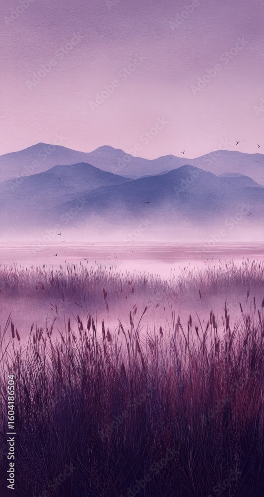 Obraz premium Misty purple mountains and tall grasses