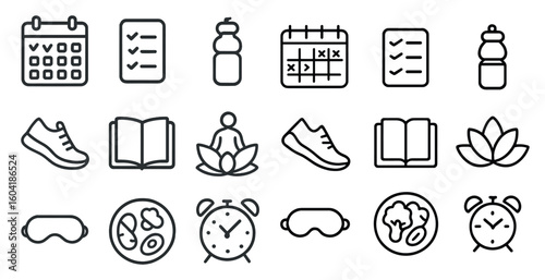 Health and wellness outline icons set – linear, fitness, yoga and mindfulness graphics