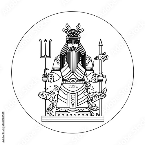 Illustration of a bearded figure holding a trident and spear with fish in a circle on a white background