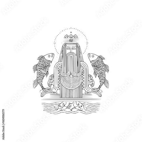 Stylized depiction of a bearded figure with a crown flanked by fish and waves in black and white art