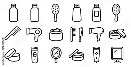 Haircare outline icons set – grooming, beauty, hair tools and products collection