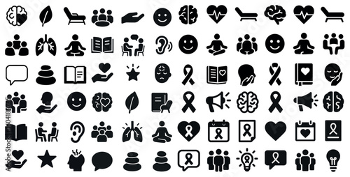 Health and wellness solid icons set – filled, outline, fitness and therapy symbols
