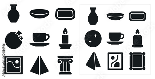 Home decor silhouette icons set – solid, filled, interior and furniture symbols