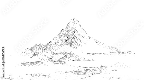 A detailed black and white line drawing of a mountain range with a prominent peak and rugged terrain