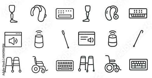 Accessibility and aid line icons set – flat, outline, support and assistive symbols