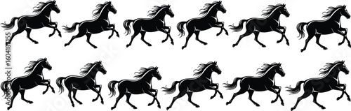 A collection of black running horse silhouettes isolated on white, a vector graphic set ideal for equestrian sports, farm themes, or decorative border