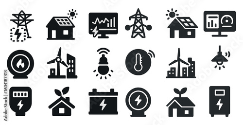 Renewable energy silhouette icons set – solid, filled, eco and power symbols