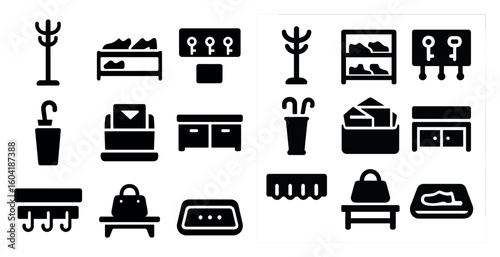 Home organization silhouette icons set – storage, organizer, flat symbols