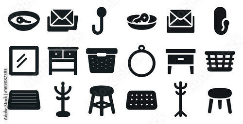 Home and office solid icons set – silhouette, filled household and workplace symbols