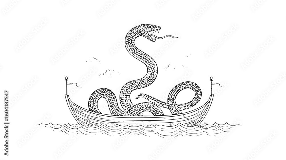 Obraz premium A detailed drawing of a sea serpent coiled inside a boat on the water with its tongue sticking out