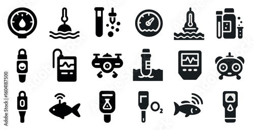 Water quality measurement solid icons set – filled, testing, analysis symbols