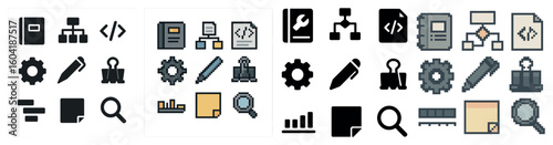 Technology pixel art icons set – digital, coding, it graphics collection
