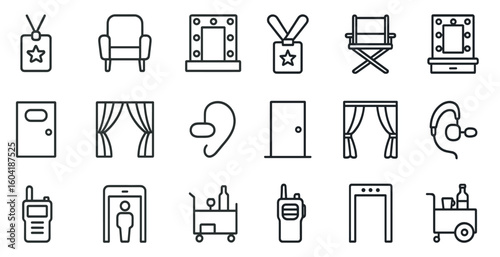 Entertainment and theater outline icons set – linear, silhouette, performance symbols