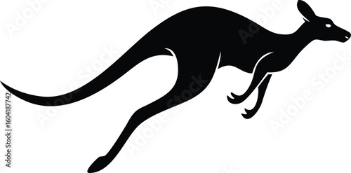 Black Silhouette of a Leaping Kangaroo on a White Background for Design Use