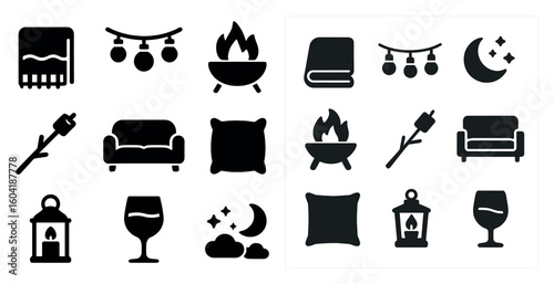 Cozy living silhouette icons set – solid, filled, home decor and relaxation symbols