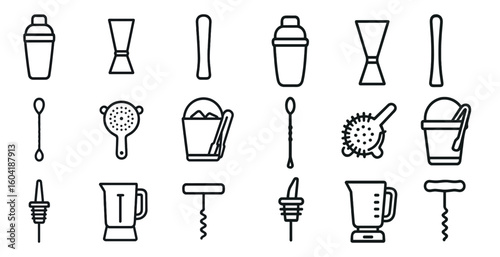 Cocktail and bar tools icons set – linear, outline, mixology and drinkware symbols