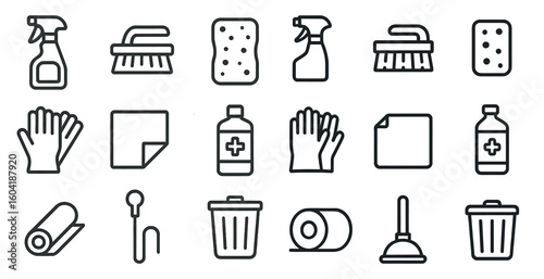 Cleaning tools outline icons set – linear, line, sanitation and hygiene essentials
