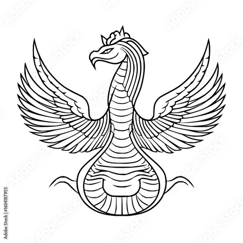 Outline drawing of a winged serpent with a crown and detailed feathers spread widely in black and white