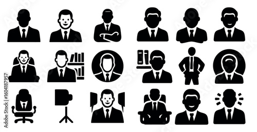 Business professional silhouette icons set – solid, filled, office and corporate symbols
