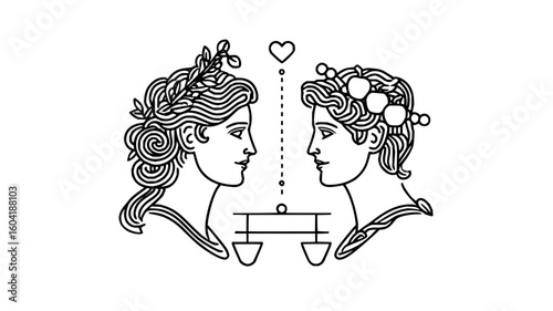 Two faces in profile with a heart and scales in black and white line art illustration style design