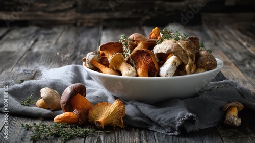 The assortment of fresh mushrooms elegantly displayed in a rustic bowl.