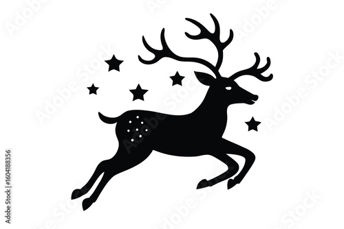 Black Silhouette of a Reindeer Jumping Through Stars, Christmas Holiday Decoration Image, Antlers, Hooves