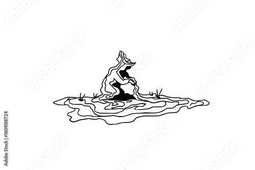 Illustration of a silhouetted figure sitting on a rock surrounded by water and sparse vegetation line art