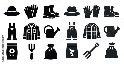 Gardening tools silhouette icons set – solid, filled, horticulture and home gardening