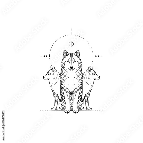 Three wolves symmetrically positioned with geometric shapes and lines in a minimalist style drawing art