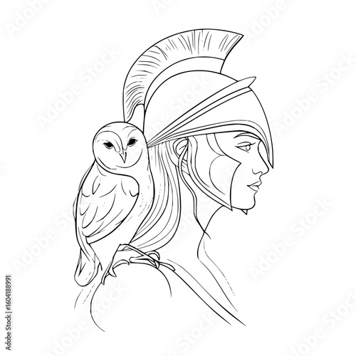 Illustration of athena wearing a helmet with an owl perched on her shoulder in a line drawing style
