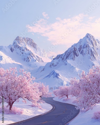 Snowy mountain road with pink cherry blossoms