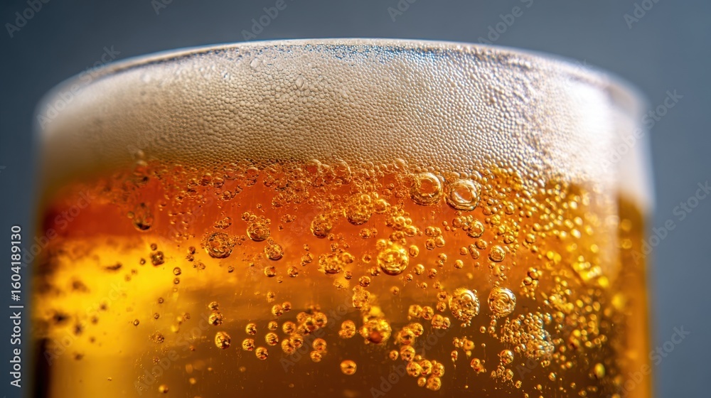The sparkling amber beverage in a chilled glass with bubbles. The sparkling amber beverage in a chilled glass with bubbles.
