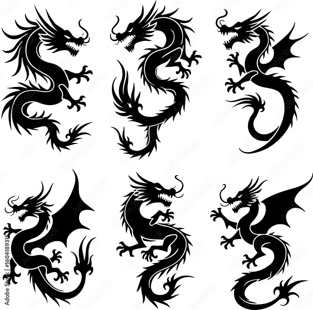 dragon tattoo, tribal dragon, vector bundle dragon tattoo, tribal dragon, vector bundle