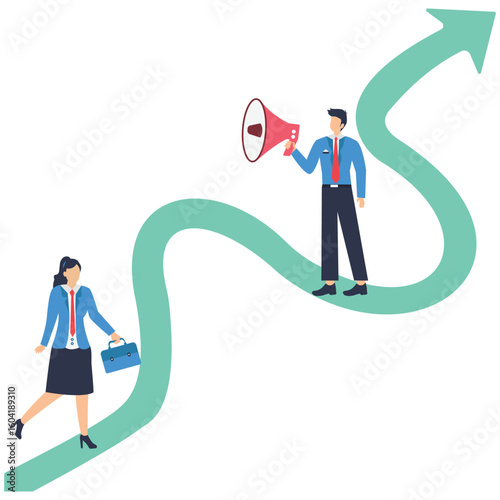 Flat illustration of businessman with megaphone motivate employee to walk up arrow symbolizing career inspiration stock illustration