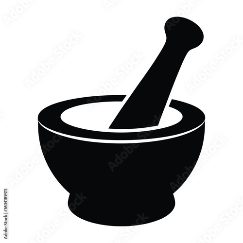 Mortar & Pestle Silhouette, Vector, Illustration, Outline, Line Art, Icon, White Background.