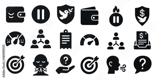 Business and finance solid icons set – filled, silhouette, corporate symbols