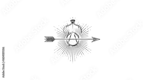 Illustration of an arrow piercing a circle with a crown on top and radiating lines in black and white