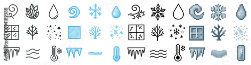 Winter weather icons set – pixel art, outline, snow and ice symbols