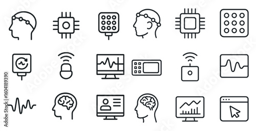 Ai and technology line icons set – outline, neural network, data processing symbols