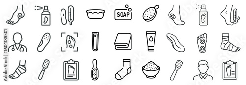 Foot care line icons set – outline, pedicure, health and hygiene symbols