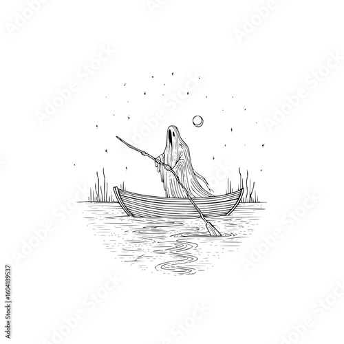 A ghost rowing a boat on water under the moonlight with stars in a black and white drawing illustration