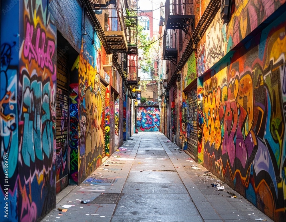 Fototapeta premium Graffiti Alleyway at Dusk — A Colorful Canvas of Urban Expression, Mood, and Creative Contrast
