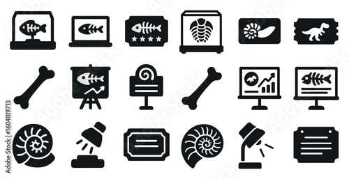 Fossils and archeology icons set – solid, filled, prehistoric artifacts and relics