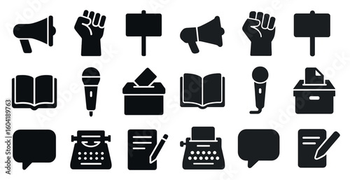 Political solid icons set – filled, silhouette, campaign and election symbols