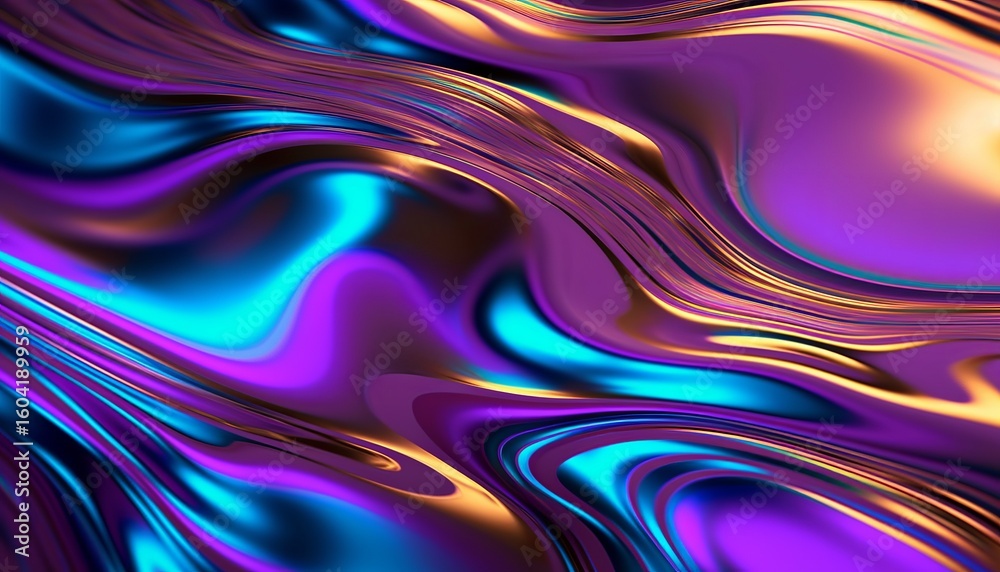 Fototapeta premium Iridescent liquid metal surface with ripples. 3d illustration. Abstract fluorescent background. Fluid neon leak backdrop. Ultraviolet viscous substance 