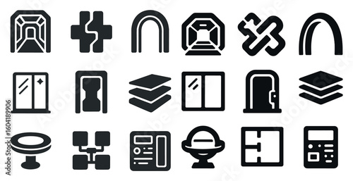 Architecture and construction solid icons set – building, design, project symbols