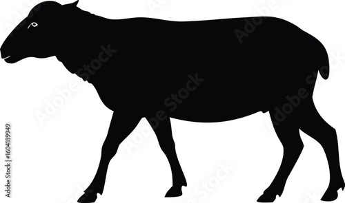 Black Silhouette of a Walking Sheep on White Background, Domestic Animal Art